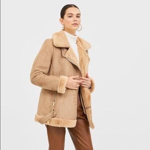 Beige Suede Faux Shearling Biker Coat